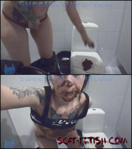 Pooping and smear shit on face and breast in public WC. () Defecation/Extreme scat [FullHD 1080p]