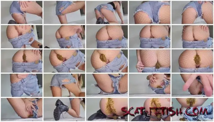 Jeans Pooping (Defecation) Fishnet Filling denim shorts in shit [HD 720p] Solo, Big Pile Screenshot 1